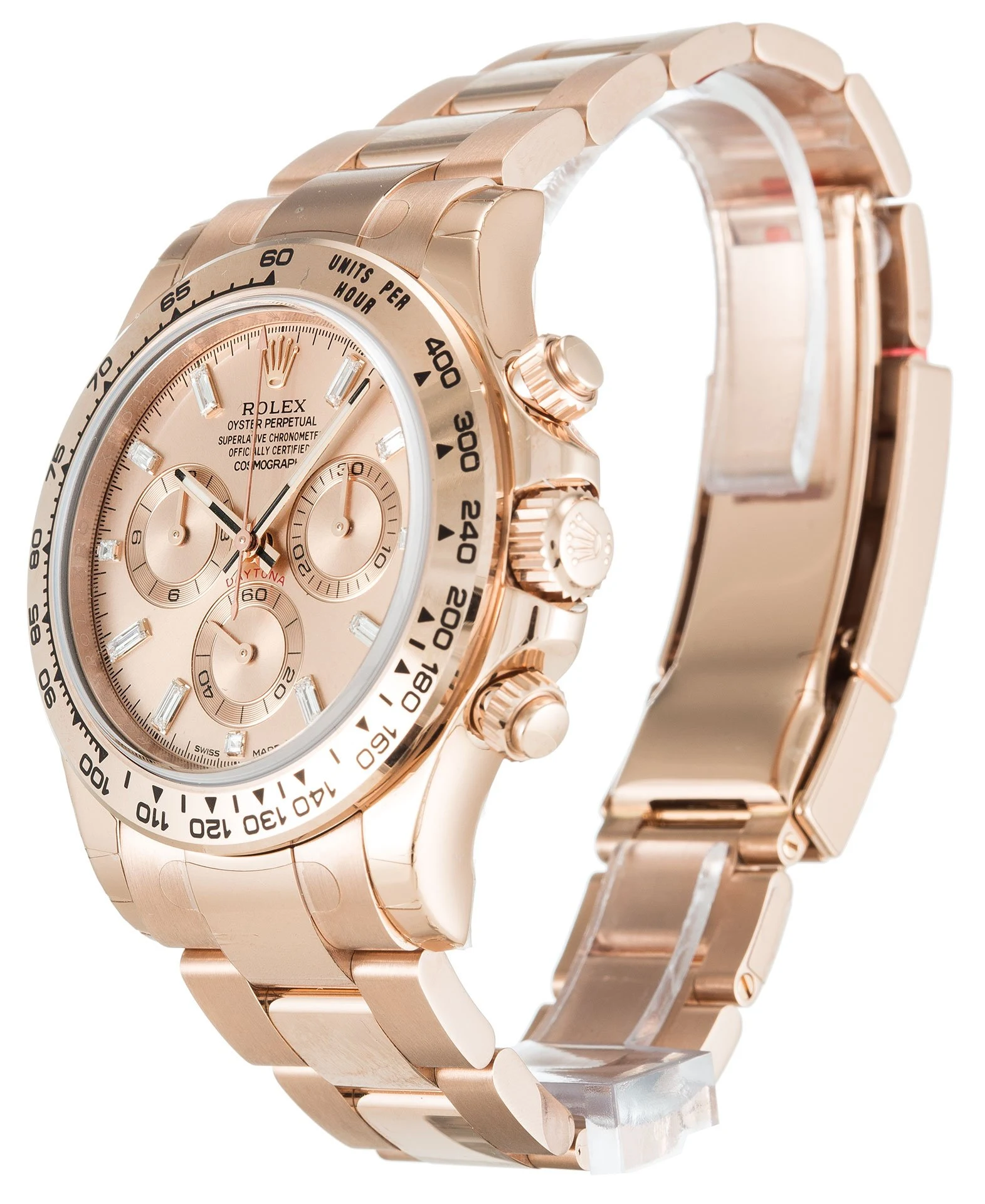 Daytona roséfarbenes Zifferblatt mit Baguette-Diamanten 116505 Perspektivansicht