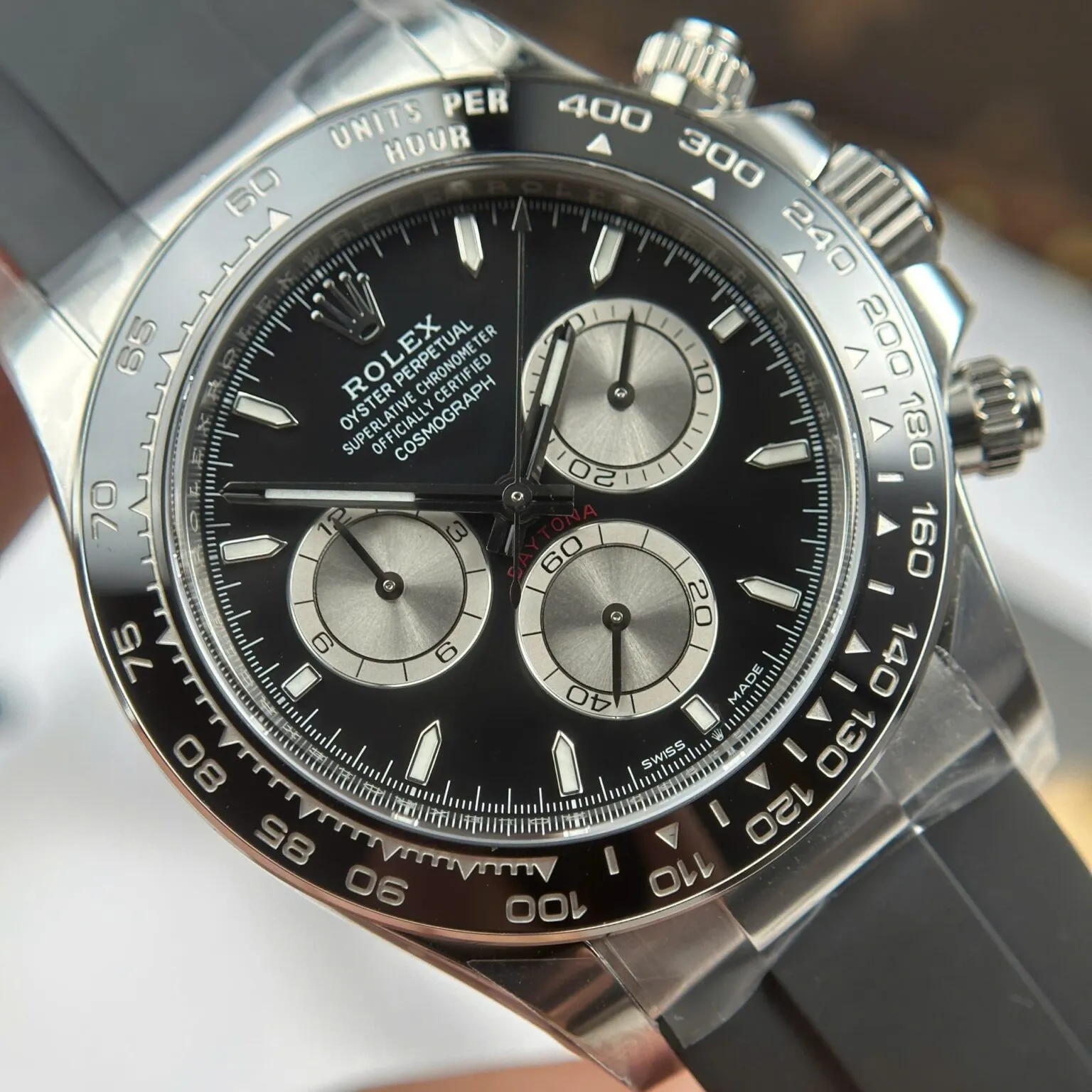 Daytona schwarzes Zifferblatt Schwarz Lünette Oysterflex Armband