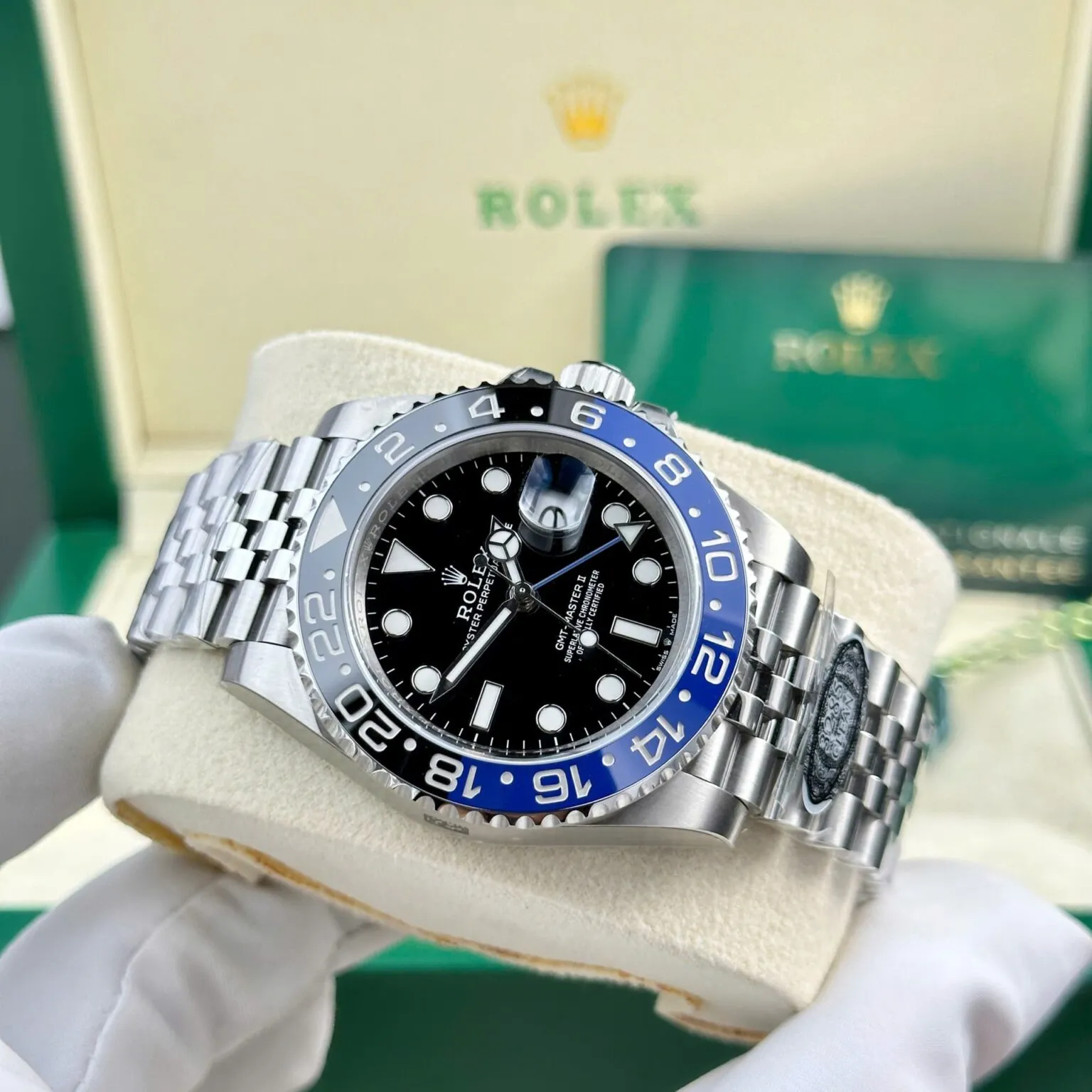 GMT Master II Batgirl schwarzes Zifferblatt Blau und Schwarz Lünette Jubilee Armband