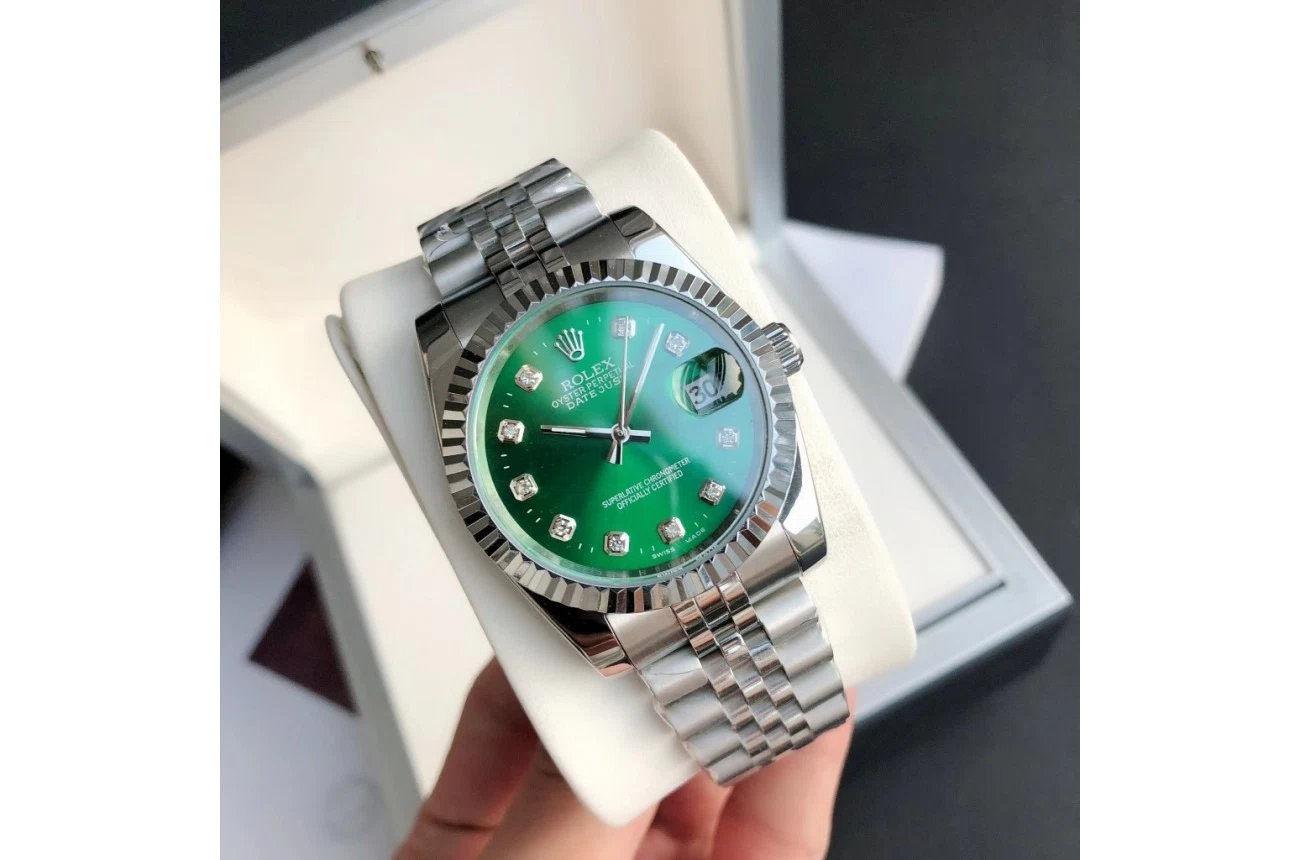 Datejust Edelstahl/Edelstahl Jubilee Grün/Diamantindizes Perspektivansicht