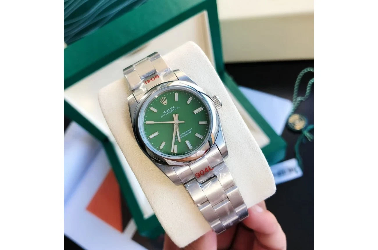 Oyster Perpetual Edelstahl/Edelstahl Grün/Stabindizes Perspektivansicht