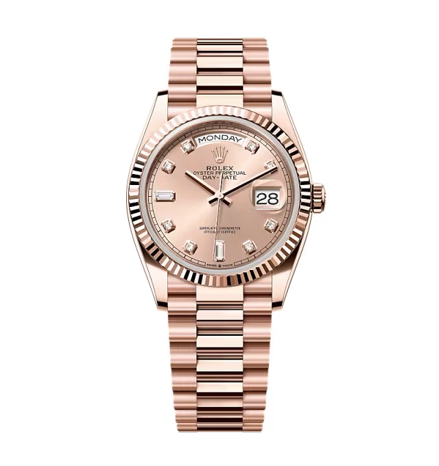 Rolex Day-Date roséfarbenes Zifferblatt mit Diamantbesatz 128235-0009 36 mm – Superclone