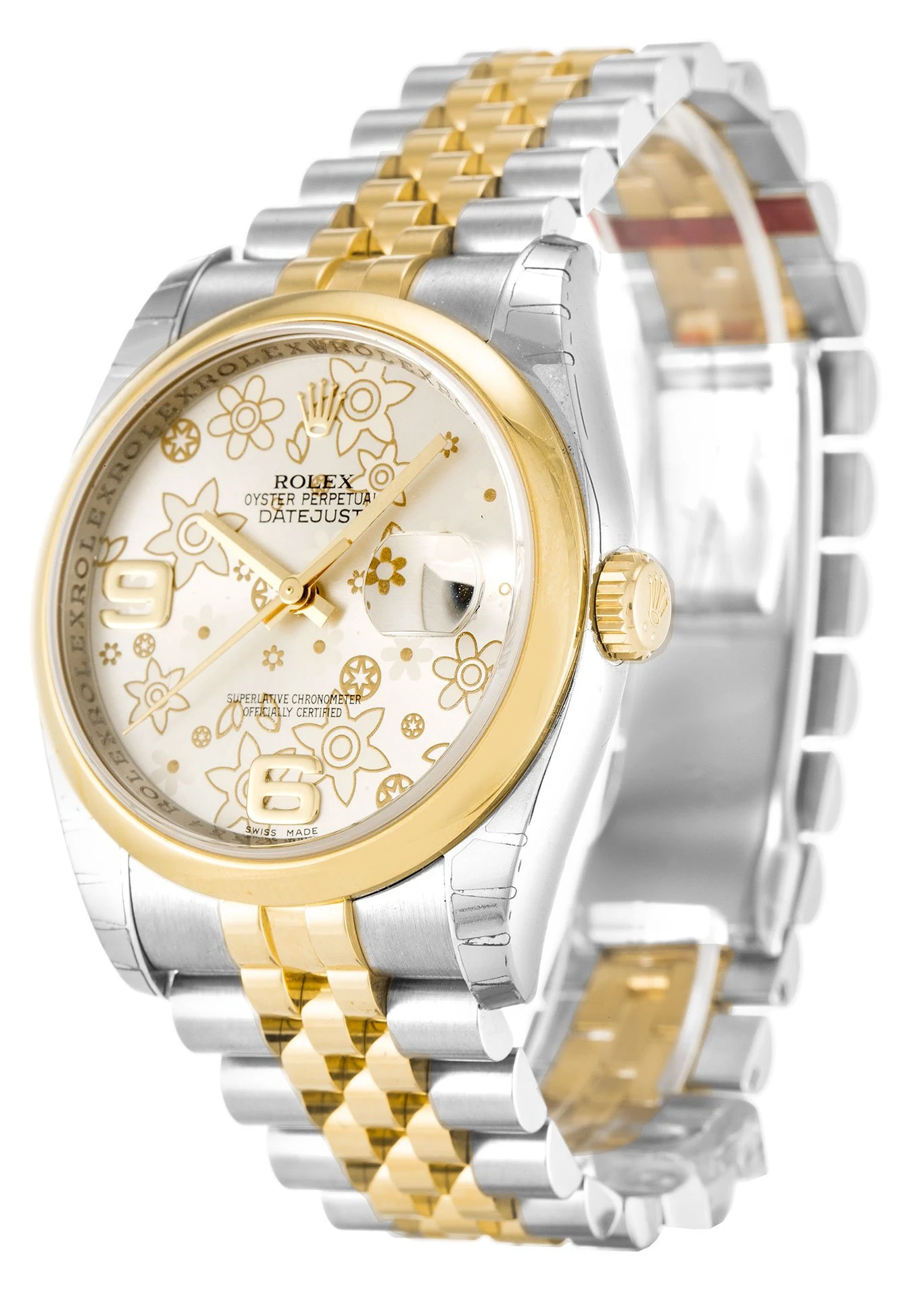 Datejust silberfarbenes Zifferblatt mit Blumenmuster 116203 Perspektivansicht