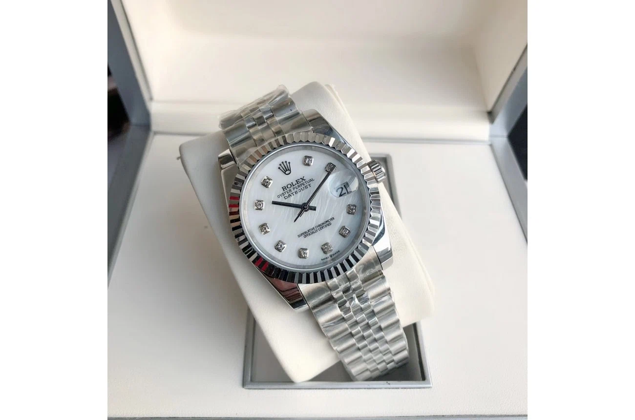 Datejust Edelstahl/Edelstahl Jubilee Weiß/Zifferblatt Schrägansicht