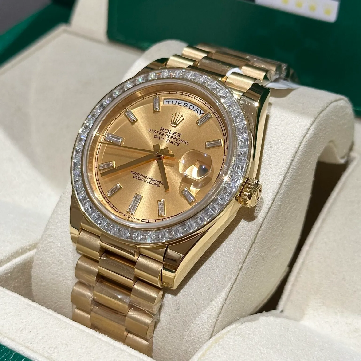 champagnerfarbenes Zifferblatt mit Diamantbesatz Lünette Gold presidential Armband