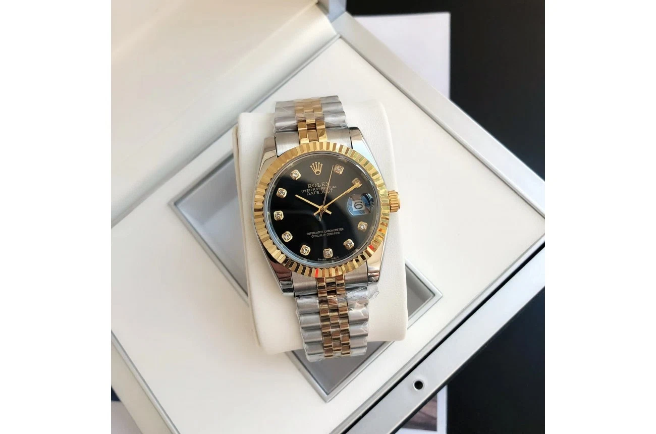Datejust Roségold/Edelstahl Jubilee Schwarz/Diamantindizes Nahaufnahme