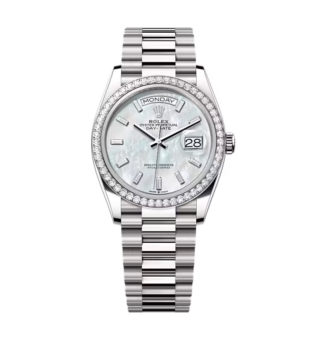 Rolex Day-Date Weißes Perlmutt Zifferblatt mit Diamantbesatz 128349rbr-0049 36 mm – Superclone