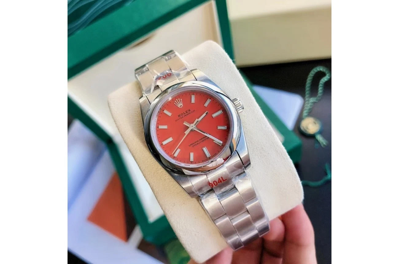 Oyster Perpetual Edelstahl/Edelstahl Rot/Stabindizes Perspektivansicht