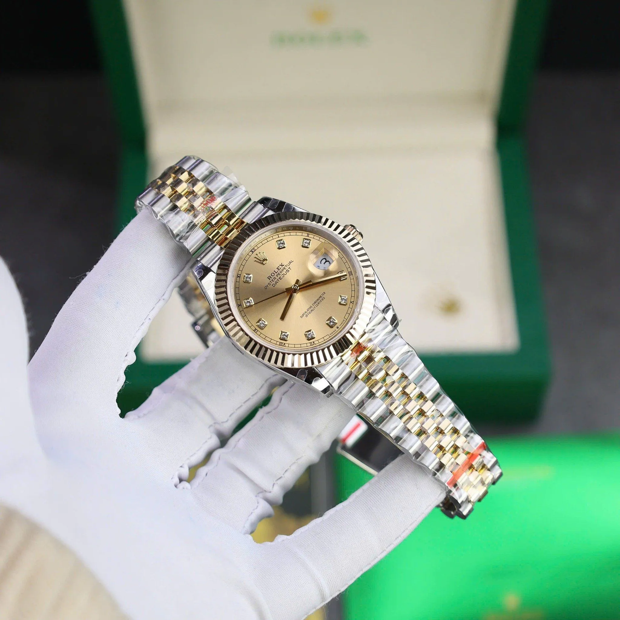 Datejust champagnerfarbenes Zifferblatt Geriffelt Lünette Jubilee Armband