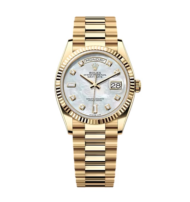 Rolex Day-Date Weißes Perlmutt Zifferblatt mit Diamantbesatz 128238-0011 36 mm – Superclone