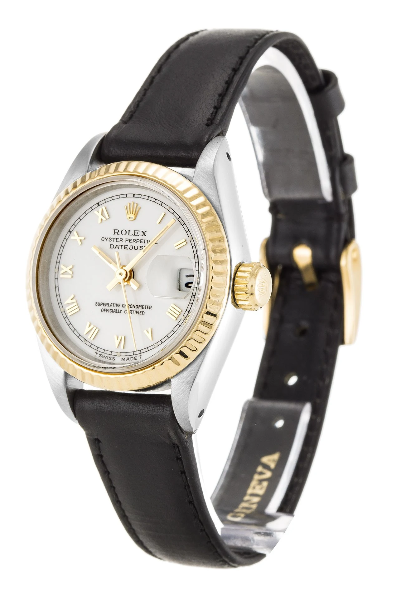 Lady-Datejust weißes Zifferblatt 69173 Leder Perspektivansicht
