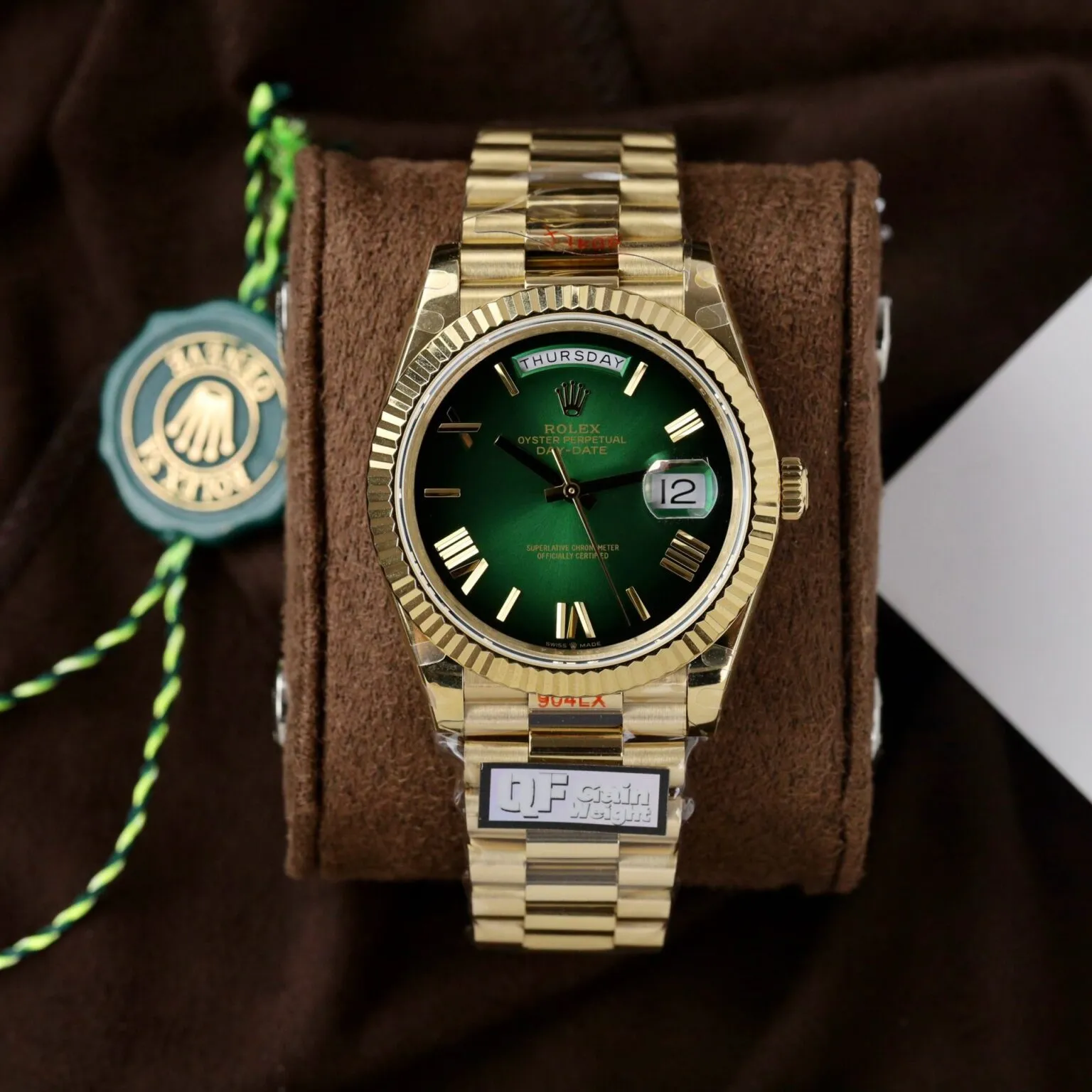 Day-Date Grün Ombre Zifferblatt Geriffelt Lünette Gelb Presidential Armband