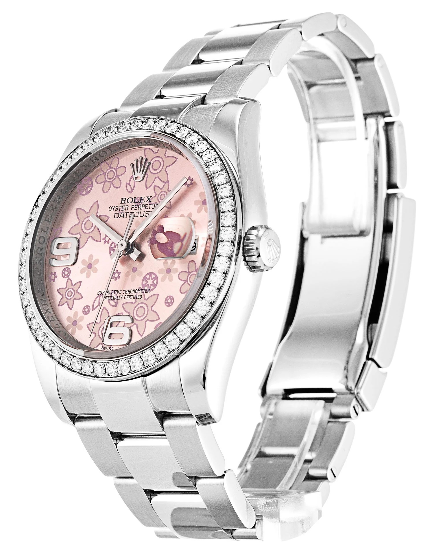 Datejust rosafarbenes Zifferblatt mit Blumenmuster 116244 Perspektivansicht