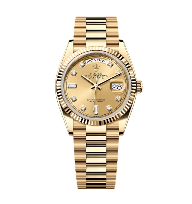 Rolex Day-Date champagnerfarbenes Zifferblatt mit Diamantbesatz 128238-0008 36 mm – Superclone