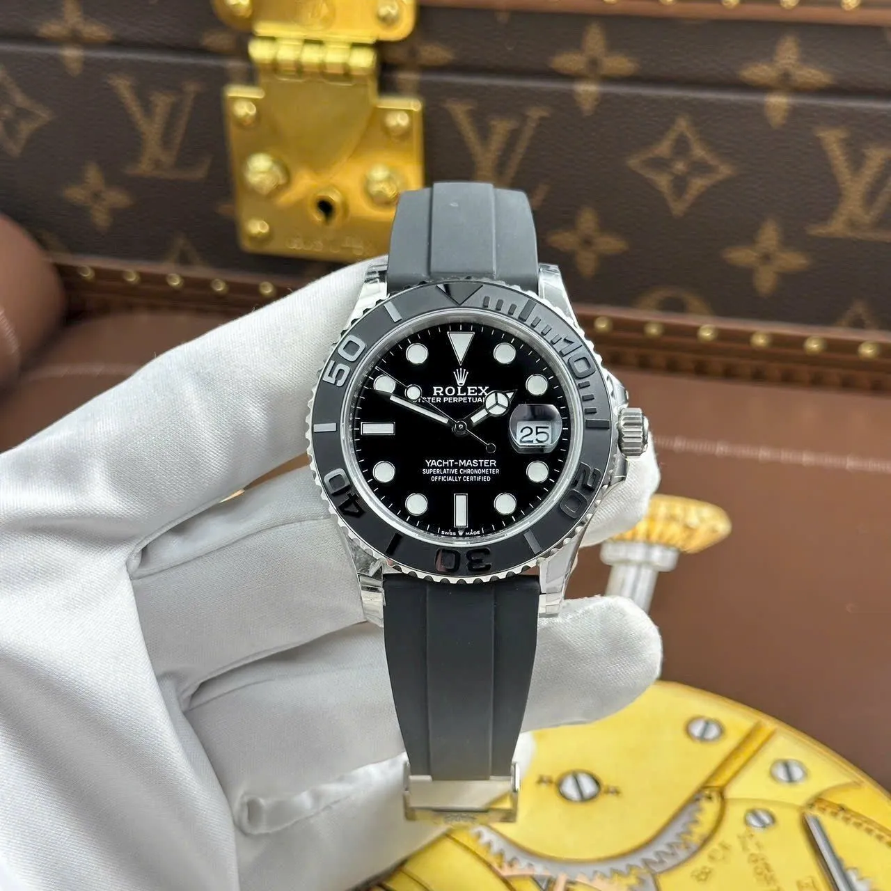 Yacht Master schwarzes Zifferblatt Schwarz Lünette OysterFlex Strap