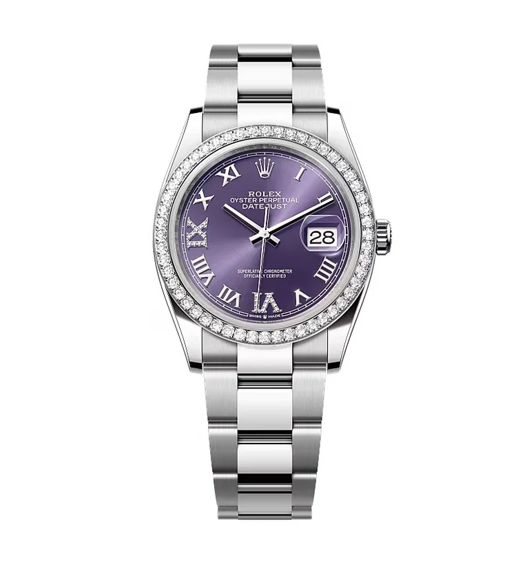 Rolex Datejust auberginefarbenes Zifferblatt mit römischen Indizes und Diamantbesatz 126284RBR-0014 36 mm