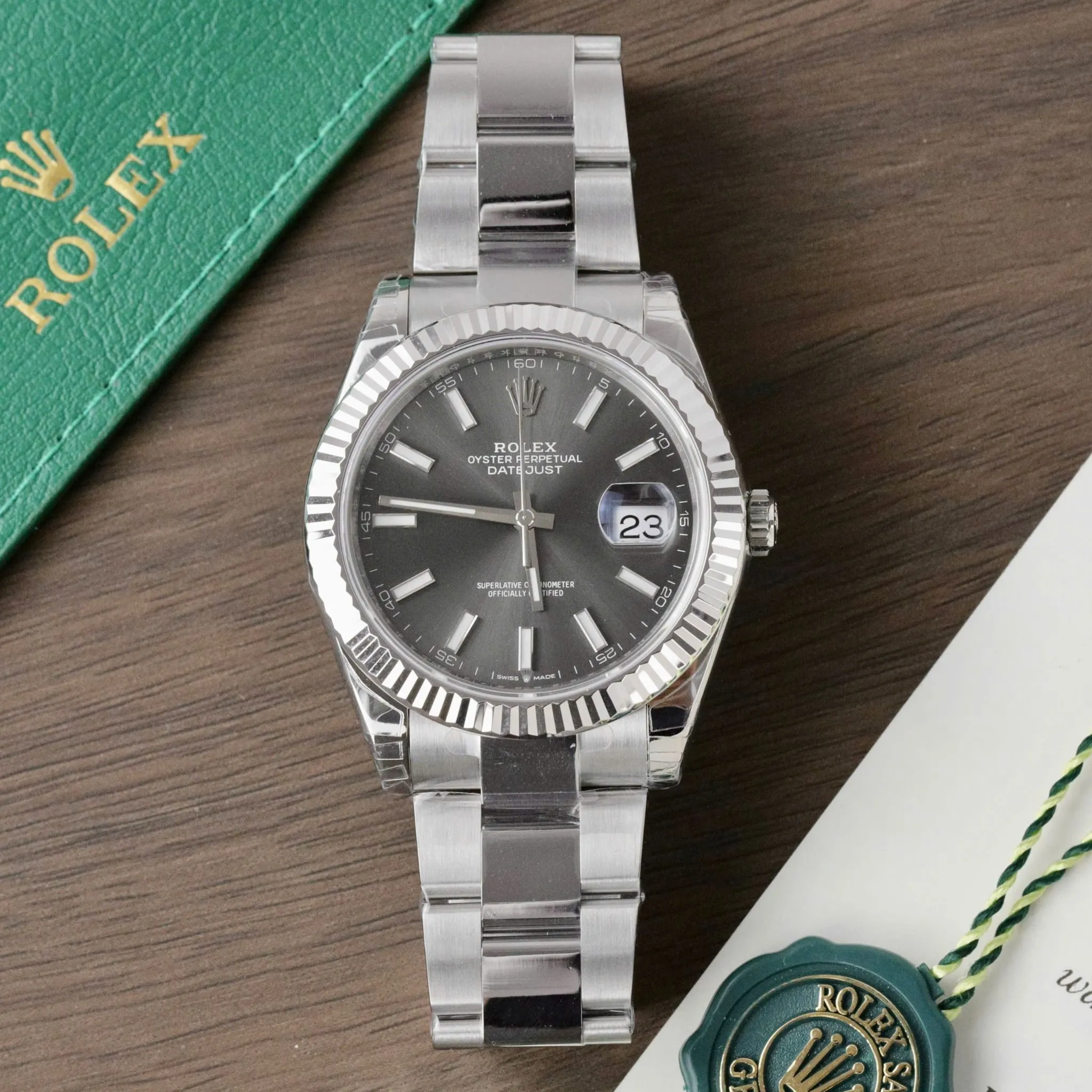 Datejust schiefergraues Zifferblatt Geriffelt Lünette Jubilee Armband