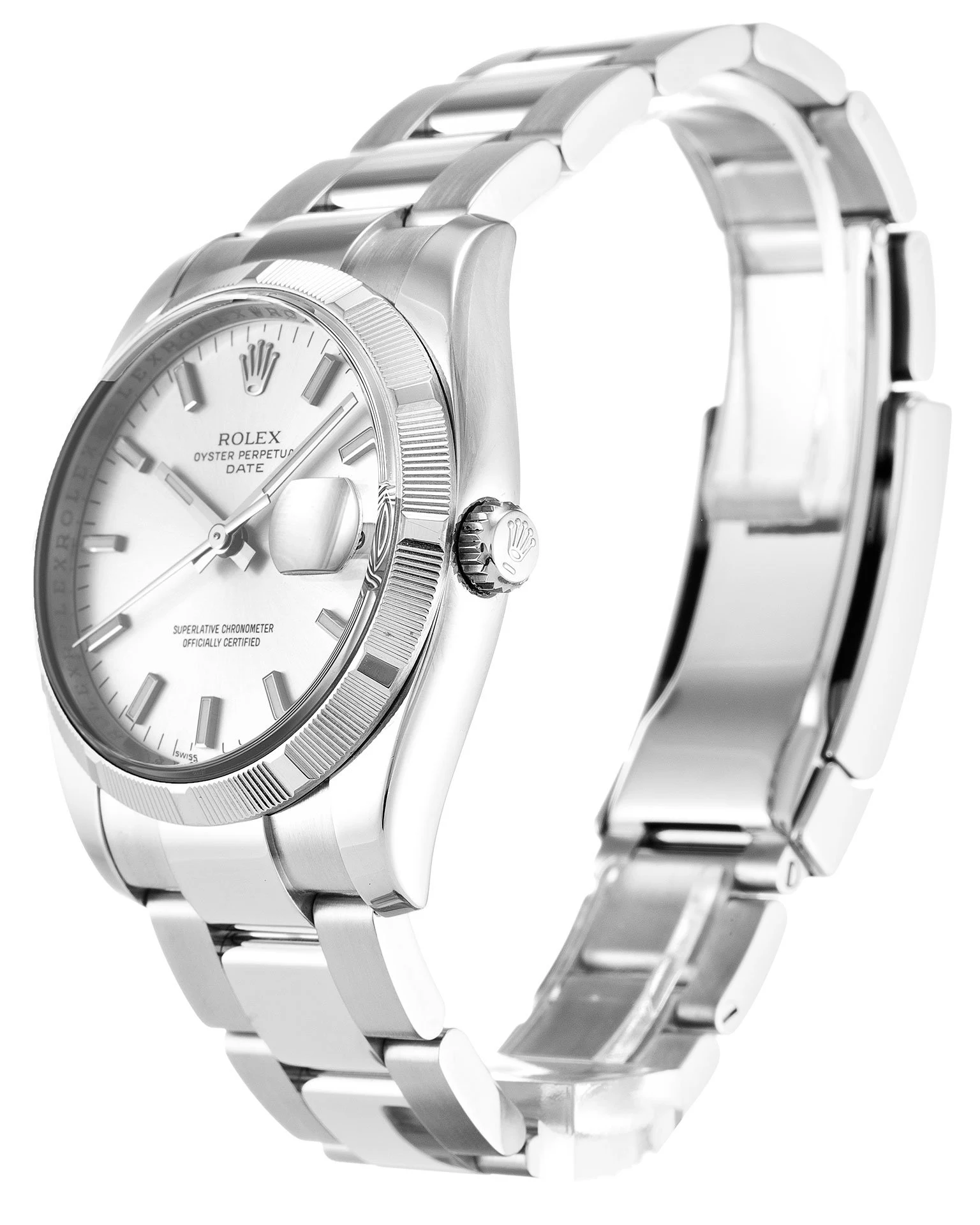 Oyster Perpetual Date silberfarbenes Zifferblatt 115210 Perspektivansicht