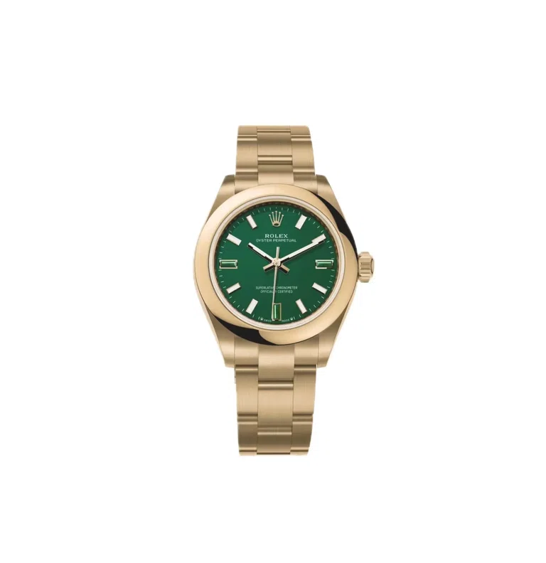 Oyster Perpetual Vollgold 28mm Gelbgold (2026) — 18k Gelbgold, grünes Zifferblatt mit Natursteinindizes — Vorderansicht des Zifferblatts
