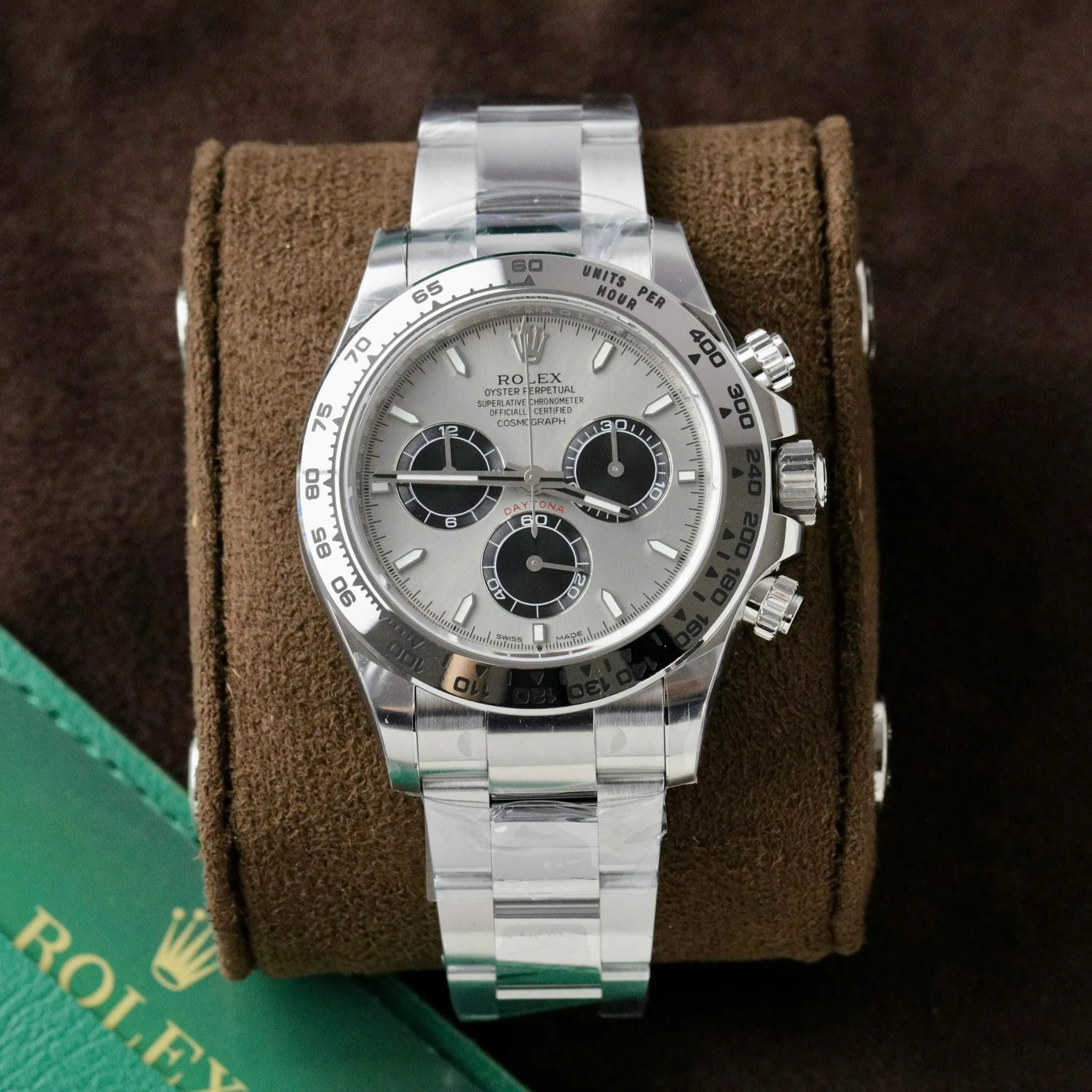 Daytona silberfarbenes Zifferblatt Stahl Lünette Oyster Armband