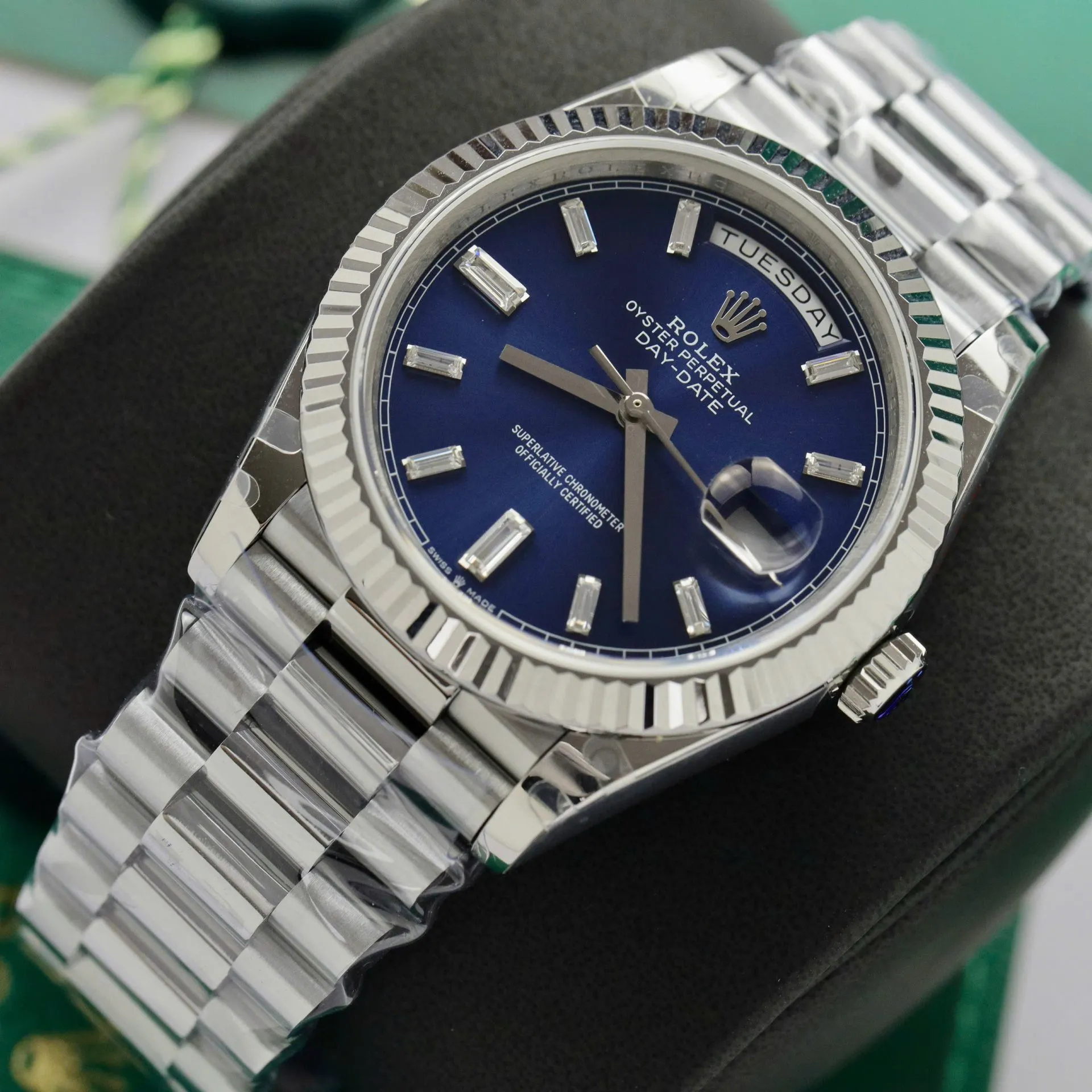 Day-Date Blau Geriffelt Lünette Presidential Armband