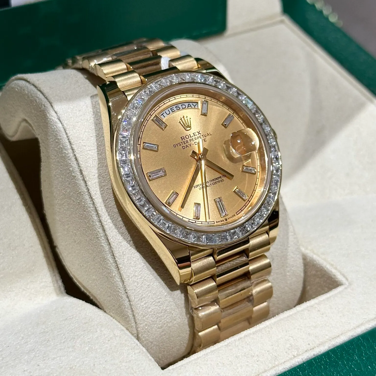 champagnerfarbenes Zifferblatt mit Diamantbesatz Lünette Gold presidential Armband