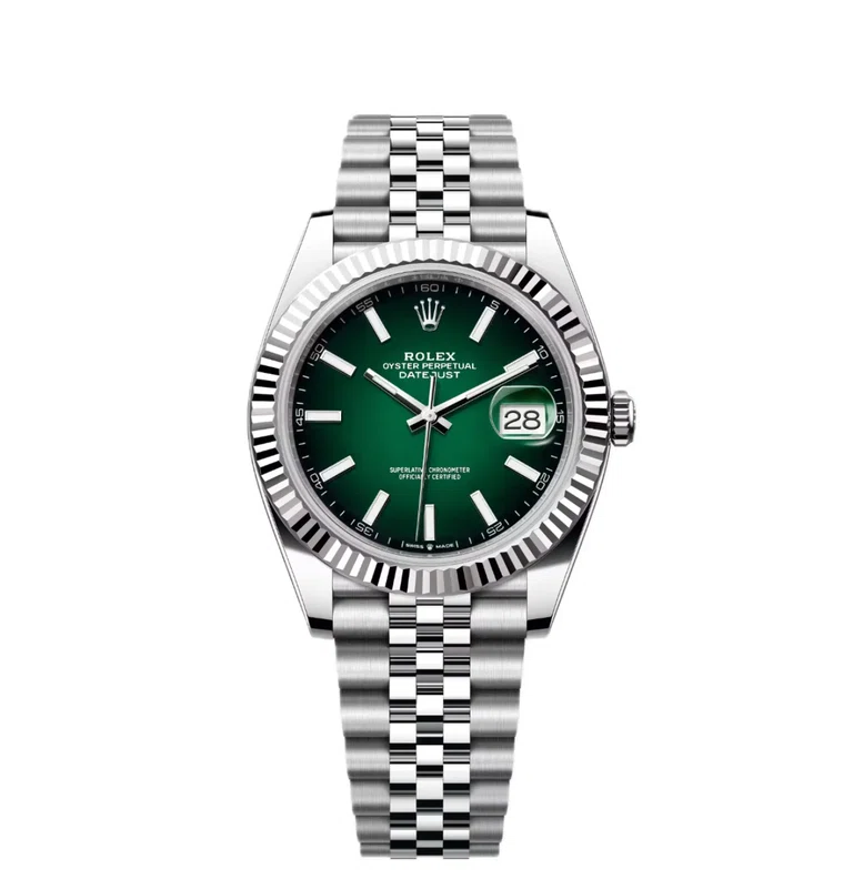 Datejust 41 Grünes Ombré-Zifferblatt (2026) Jubilee — Rolesor (Oystersteel und Weißgold), Grünes Ombré-Zifferblatt — Vorderansicht des Zifferblatts