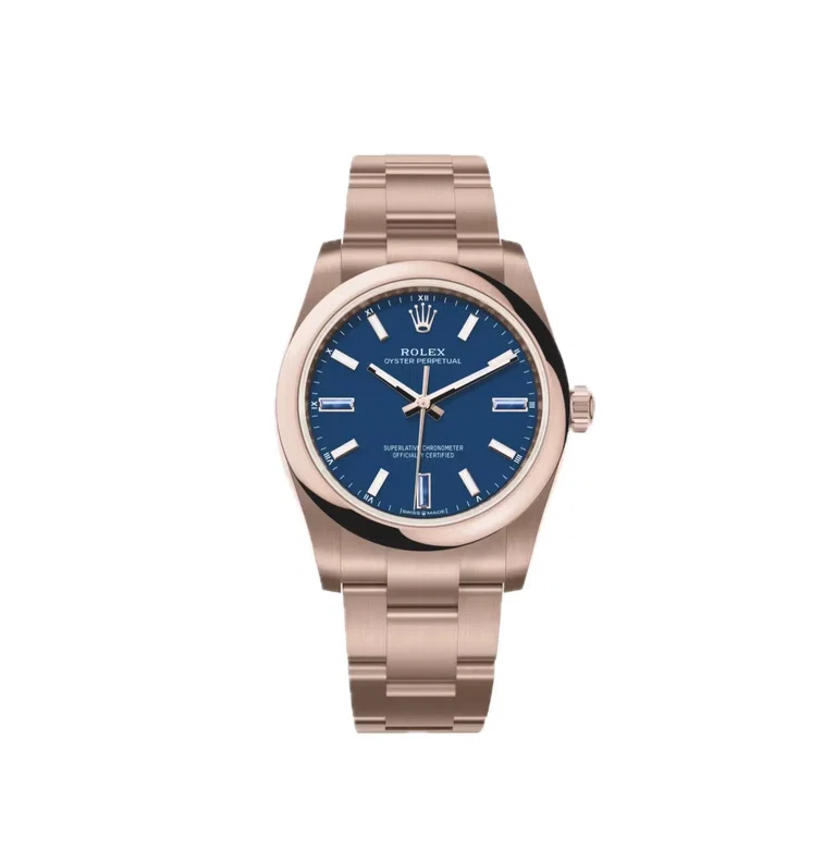 Oyster Perpetual Vollgold 34mm Everose-Gold (2026) — 18k Everose-Gold, blaues Zifferblatt mit Natursteinindizes — Vorderansicht des Zifferblatts