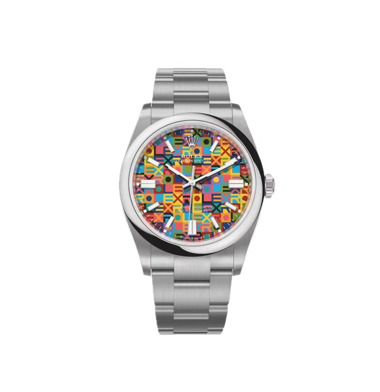 Oyster Perpetual Jubilee-Motiv 36mm (2026) — Oystersteel, mehrfarbiges Zifferblatt mit Motiv — Vorderansicht des Zifferblatts