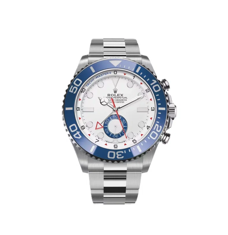 Yacht‑Master II Oystersteel 44mm (Überarbeitung 2026) — Oystersteel, mattweißes Zifferblatt mit blauer Cerachrom-Lünette — Vorderansicht des Zifferblatts