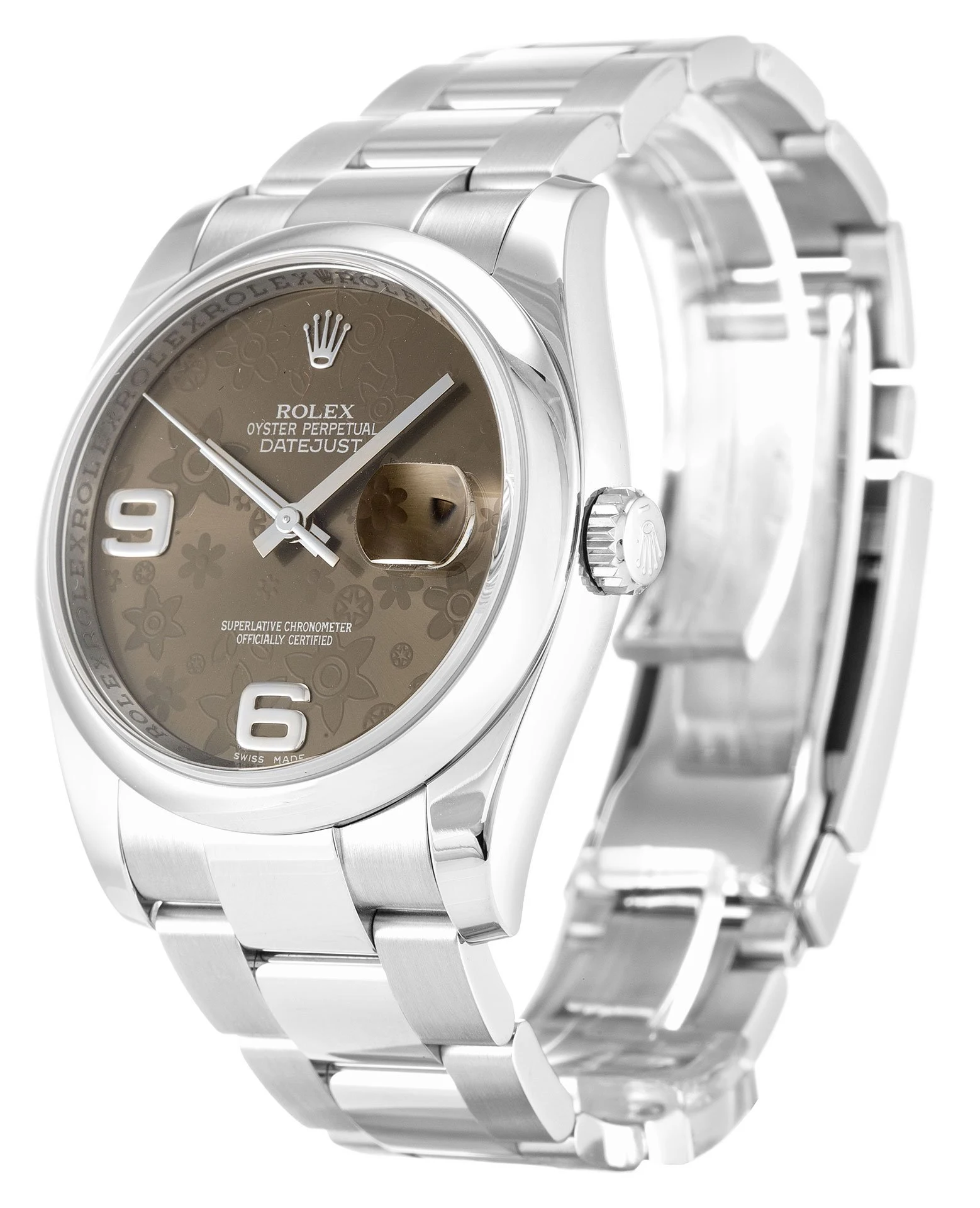 Datejust braunes Zifferblatt mit Blumenmuster 116200 Perspektivansicht