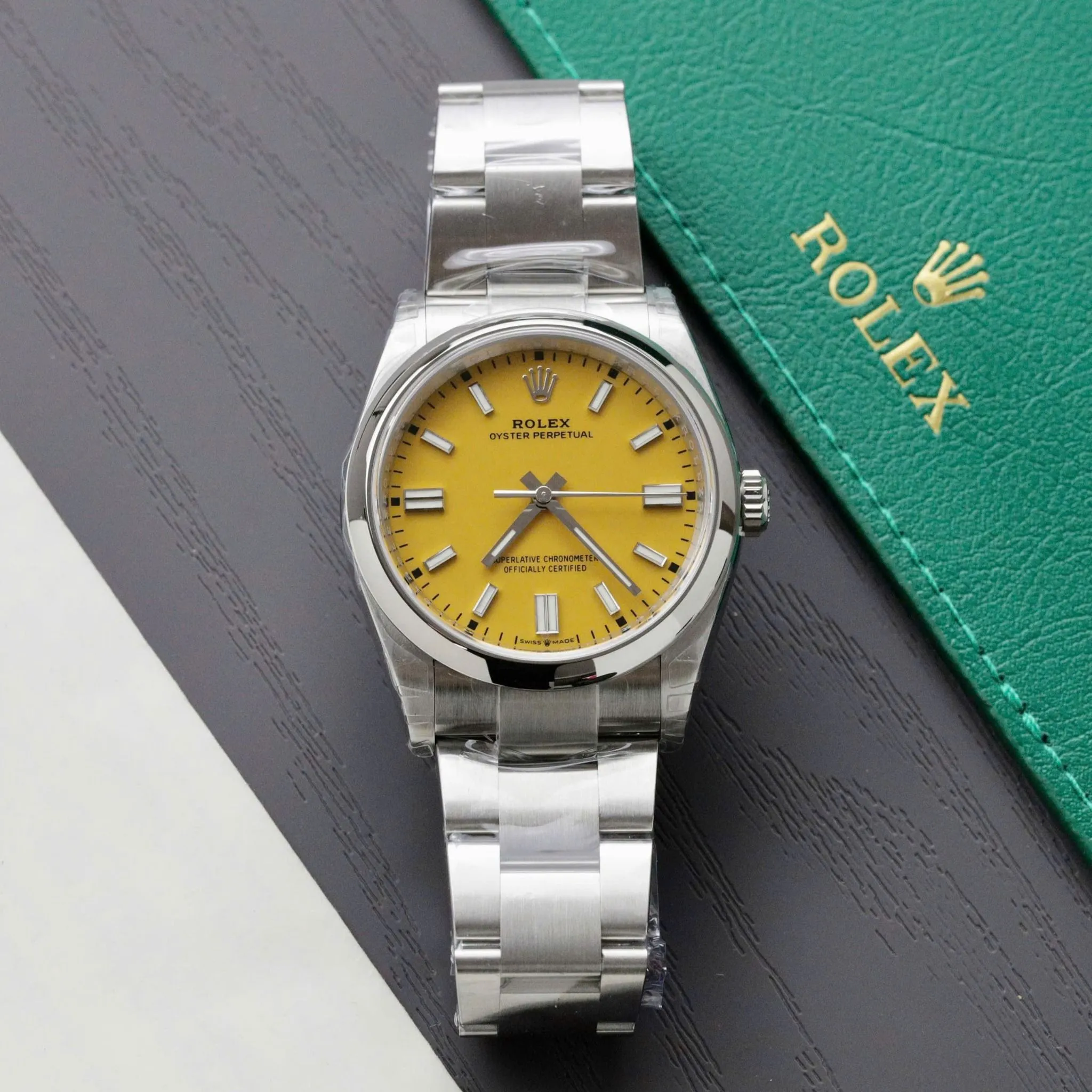 Oyster Perpetual gelbes Zifferblatt Smooth Lünette Oyster Armband