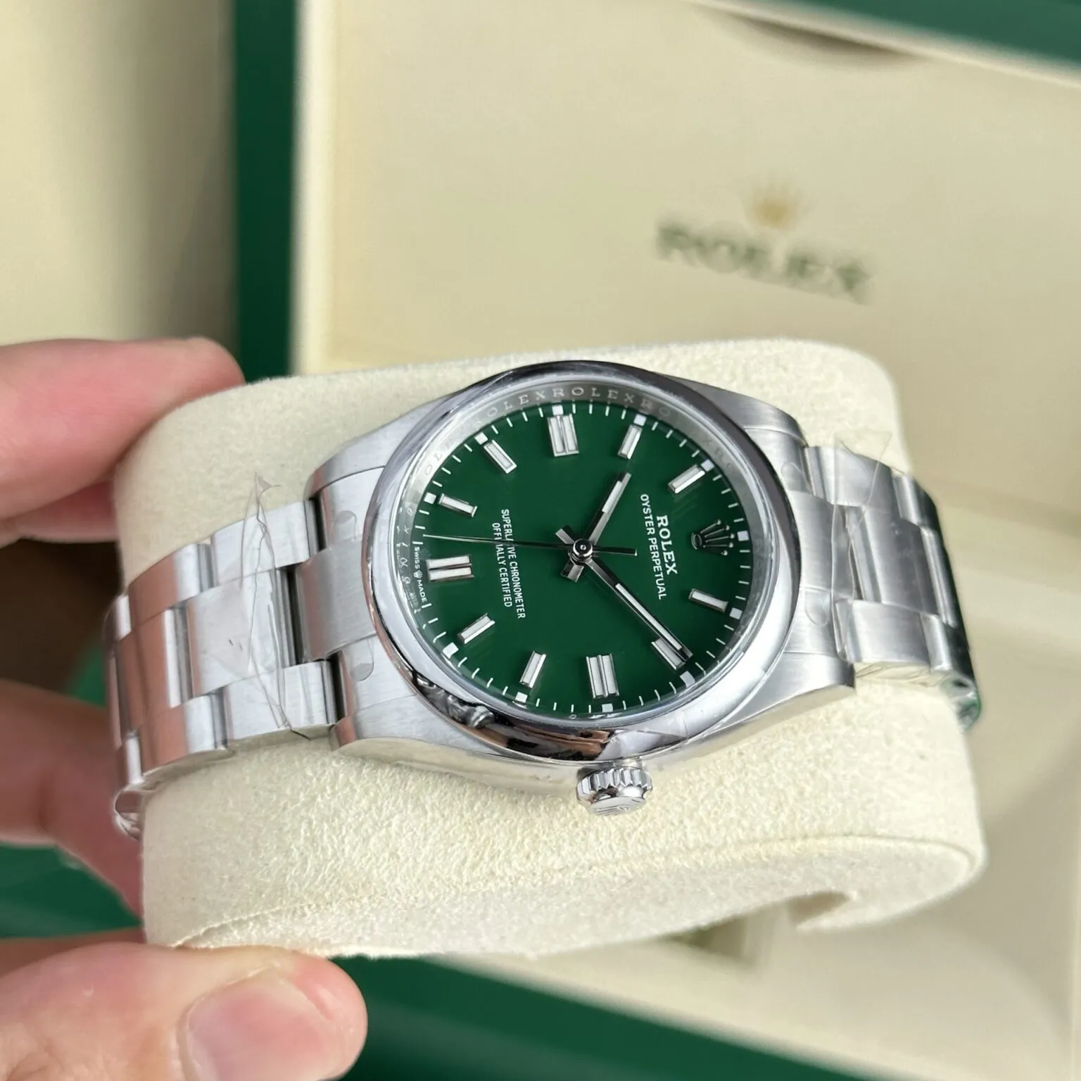 Oyster Perpetual grünes Zifferblatt Oyster Armband