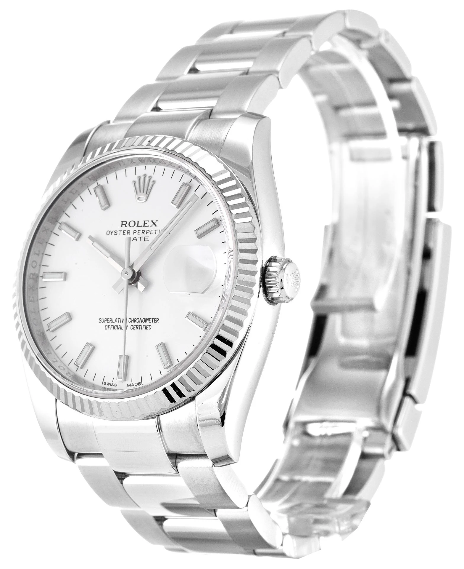 Oyster Perpetual Date weißes Zifferblatt 115234 Perspektivansicht