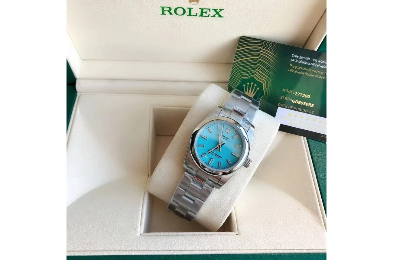 Oyster Perpetual Edelstahl/Edelstahl Tiffany Blau/Stabindizes Designdetail
