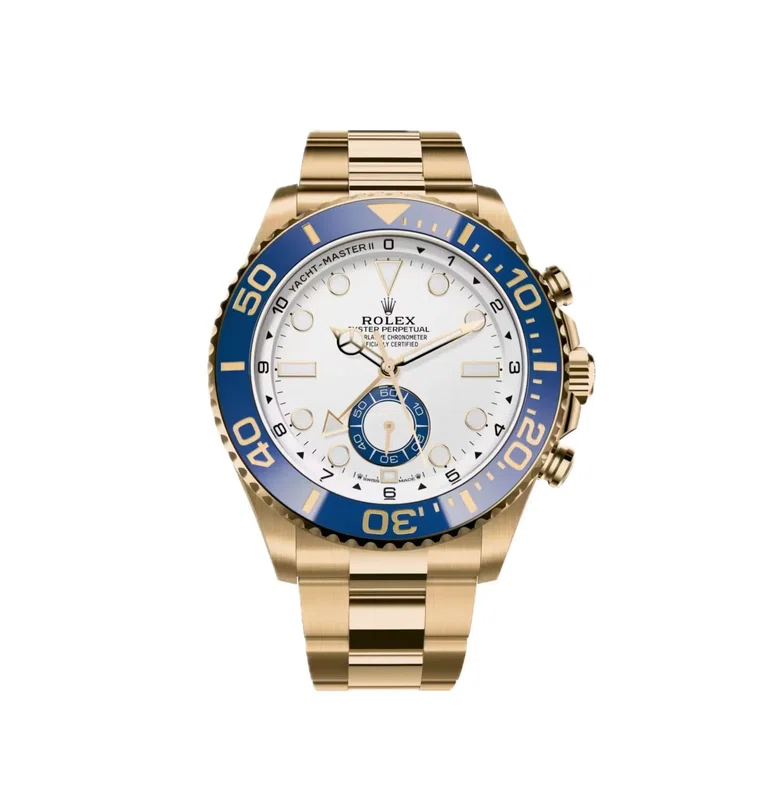 Yacht‑Master II Gelbgold 44mm (Überarbeitung 2026) — 18k Gelbgold, mattweißes Zifferblatt mit blauer Cerachrom-Lünette — Vorderansicht des Zifferblatts