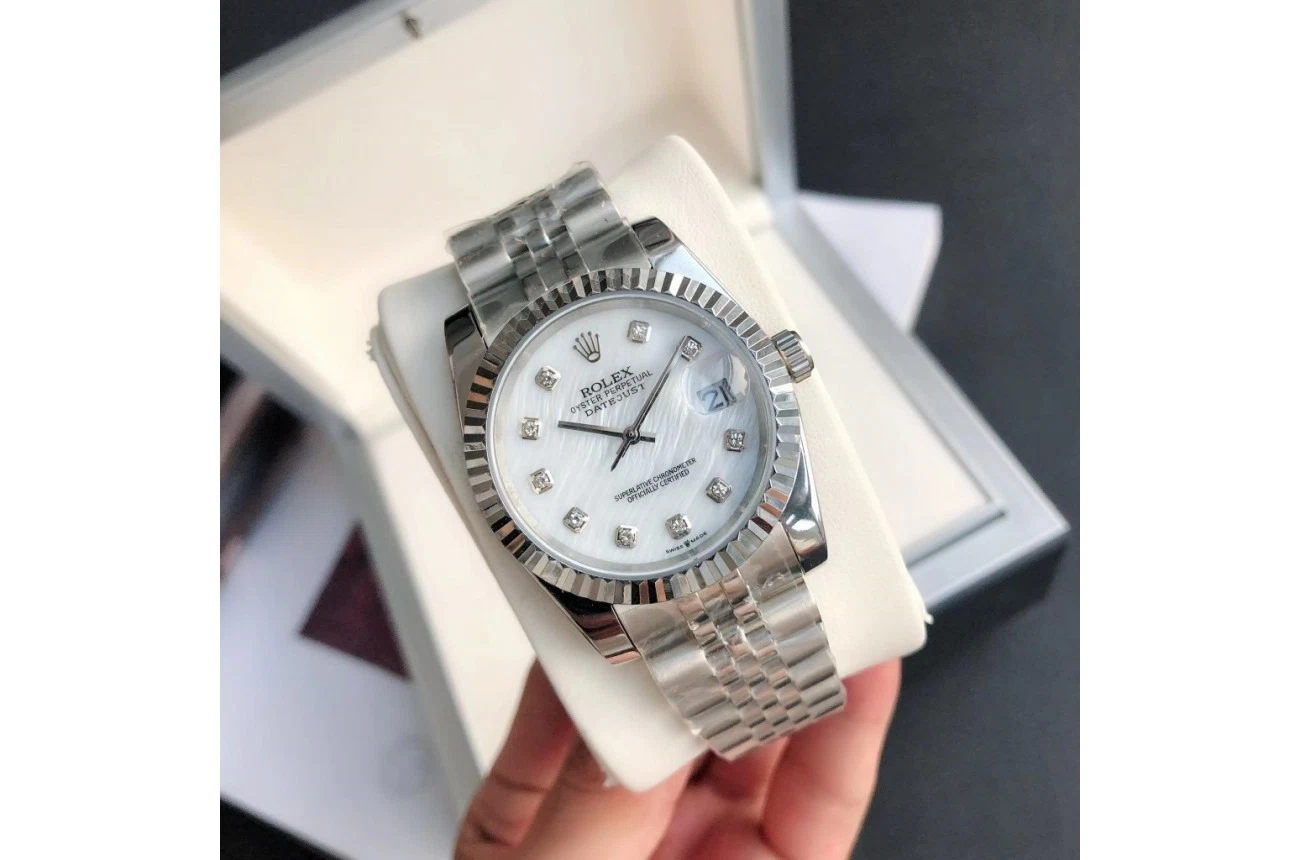 Datejust Edelstahl/Edelstahl Jubilee Weiß/Zifferblatt Perspektivansicht