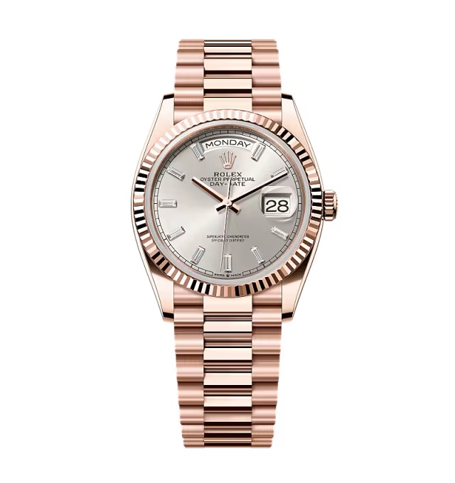 Rolex Day-Date silberfarbenes Zifferblatt mit Diamantbesatz 128235-0087 36 mm – Superclone
