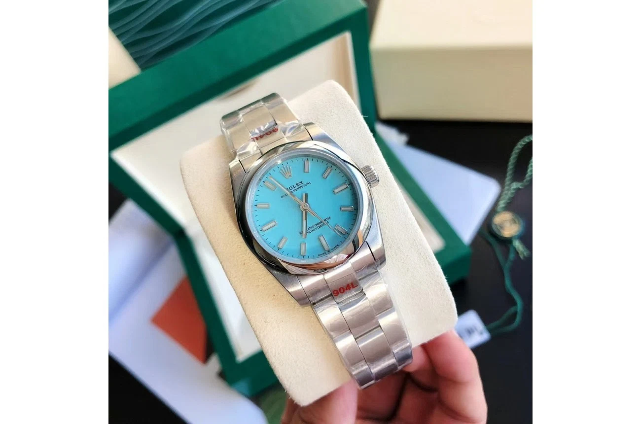 Oyster Perpetual Edelstahl/Edelstahl Tiffany Blau/Stabindizes Perspektivansicht