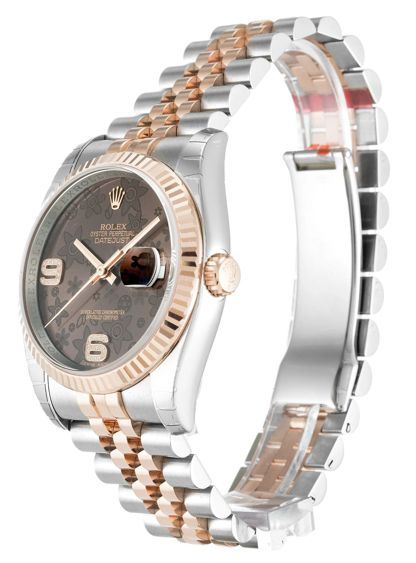 Datejust schokoladenbraunes Zifferblatt mit Blumenmuster 116231 Perspektivansicht