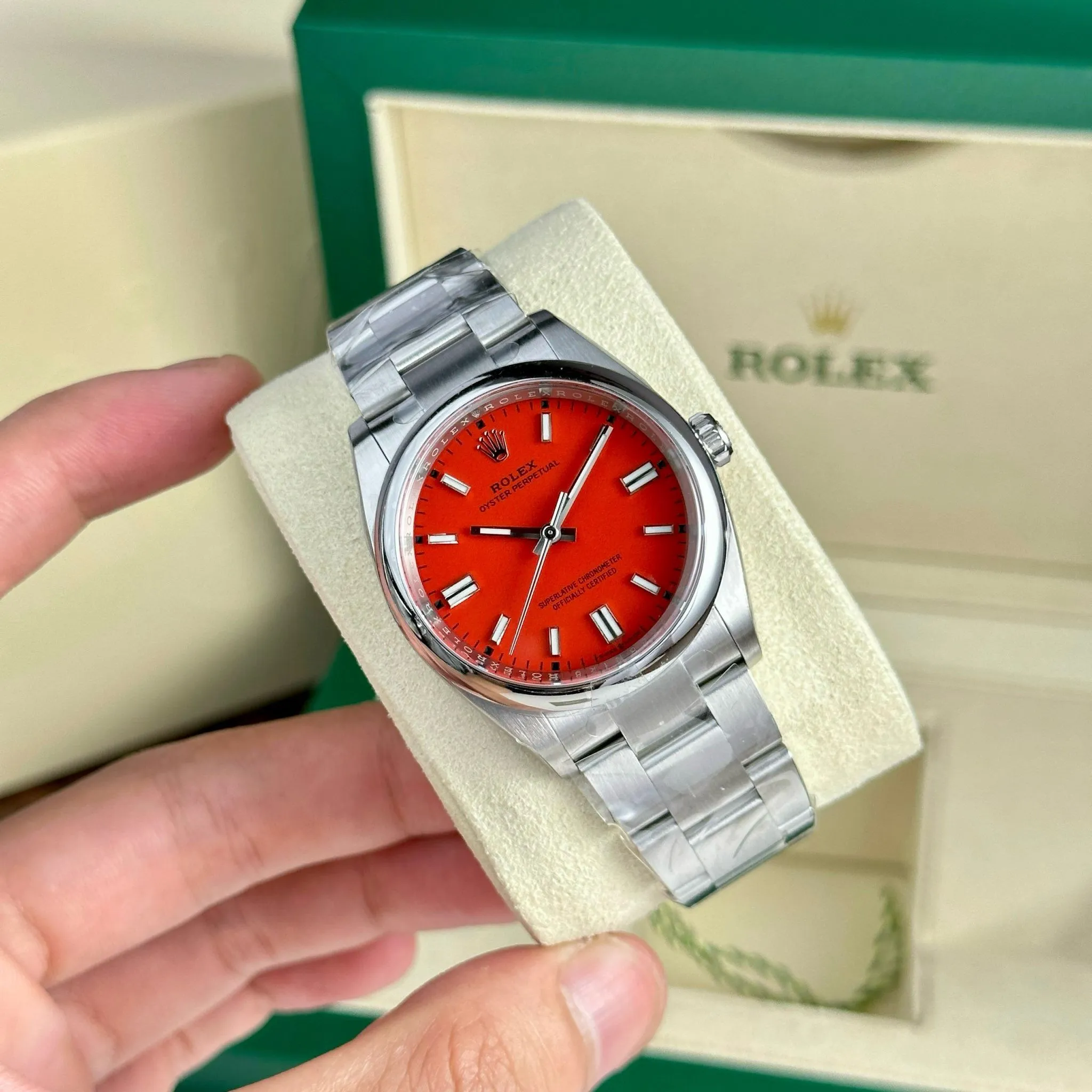 Oyster Perpetual Coral Zifferblatt Smooth Lünette Oyster Armband