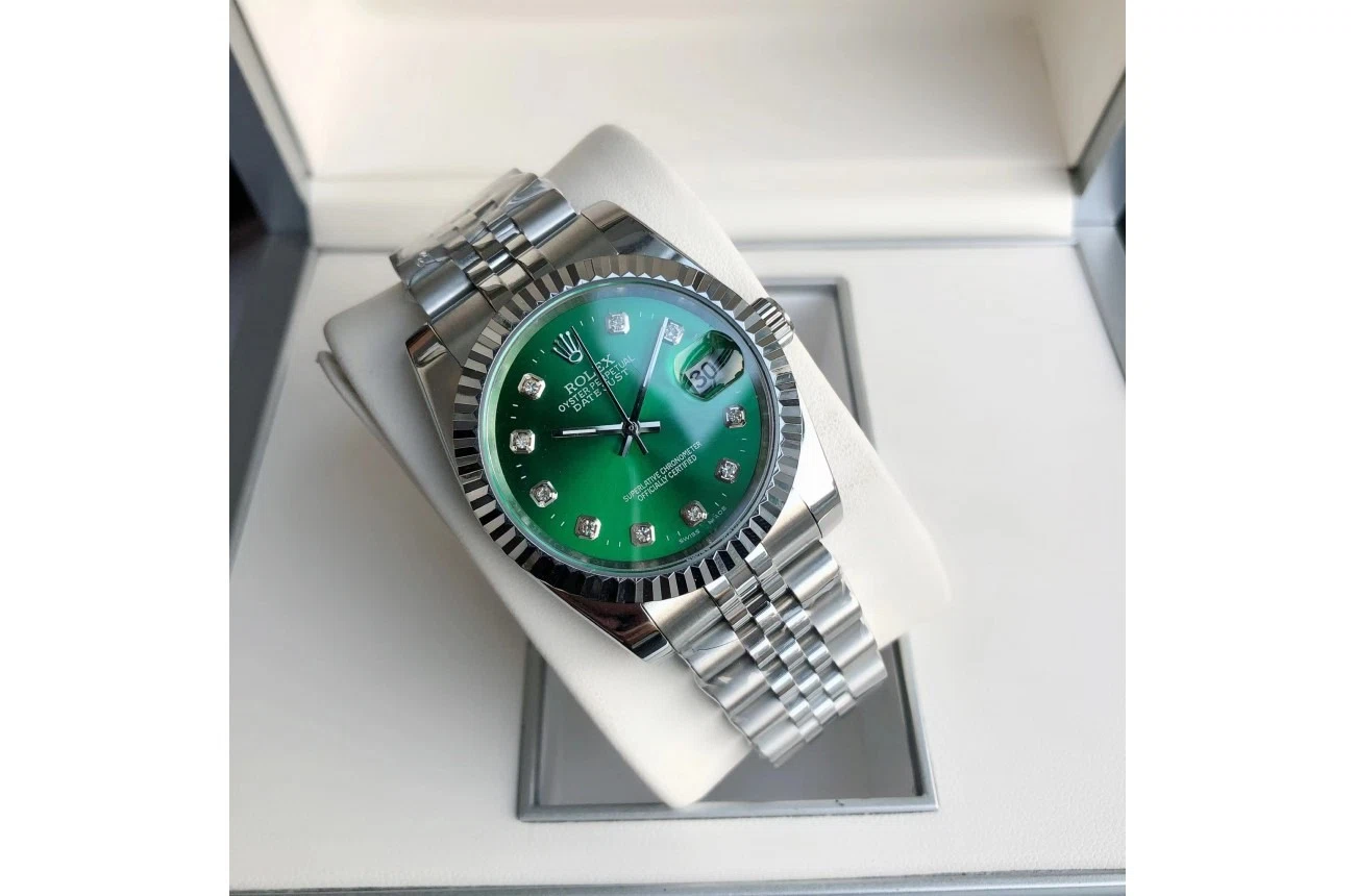 Datejust Edelstahl/Edelstahl Jubilee Grün/Diamantindizes Nahaufnahme