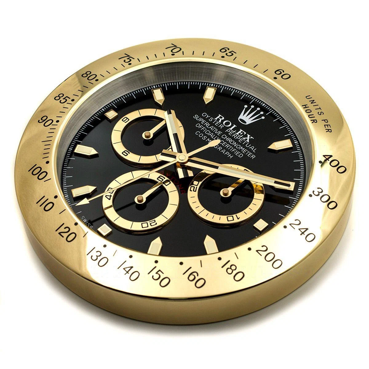 Wanduhr – DAYTONA Gold/schwarzes Zifferblatt Perspektivansicht