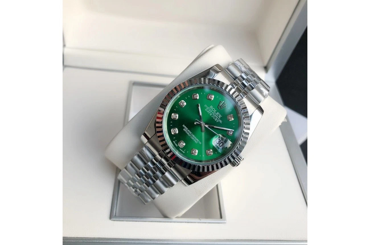 Datejust Edelstahl/Edelstahl Jubilee Grün/Diamantindizes Schrägansicht