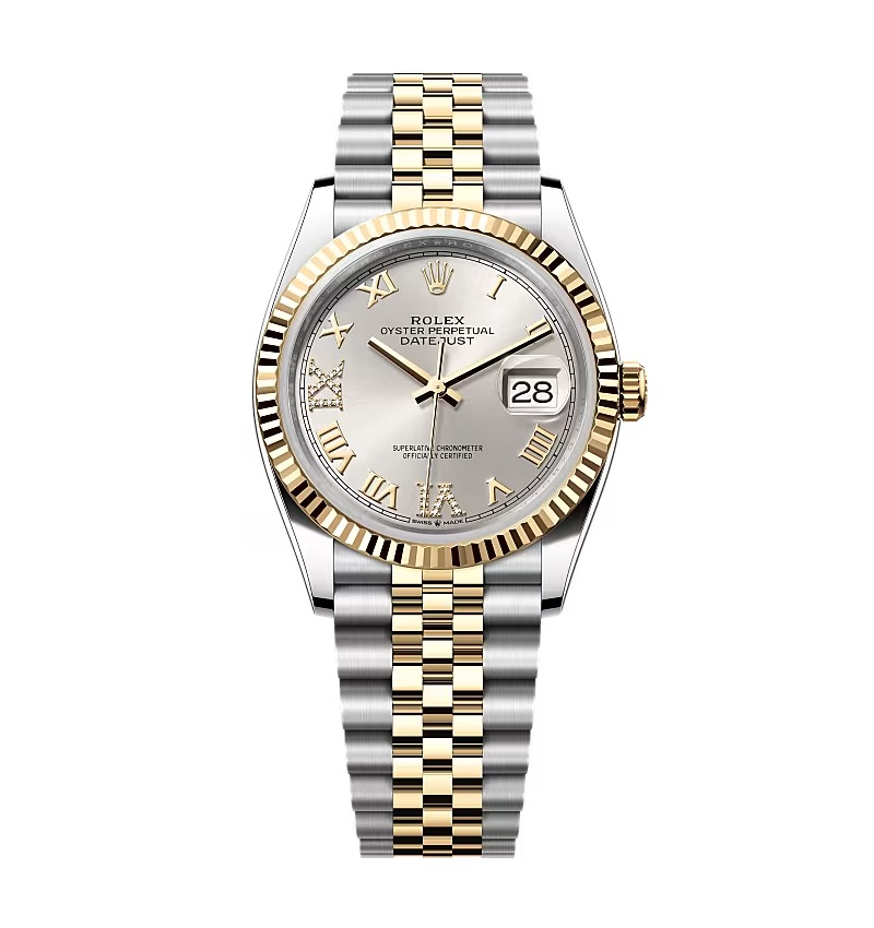 Rolex Datejust silberfarbenes Zifferblatt mit römischen Indizes und Diamantbesatz 126233-0031 36 mm