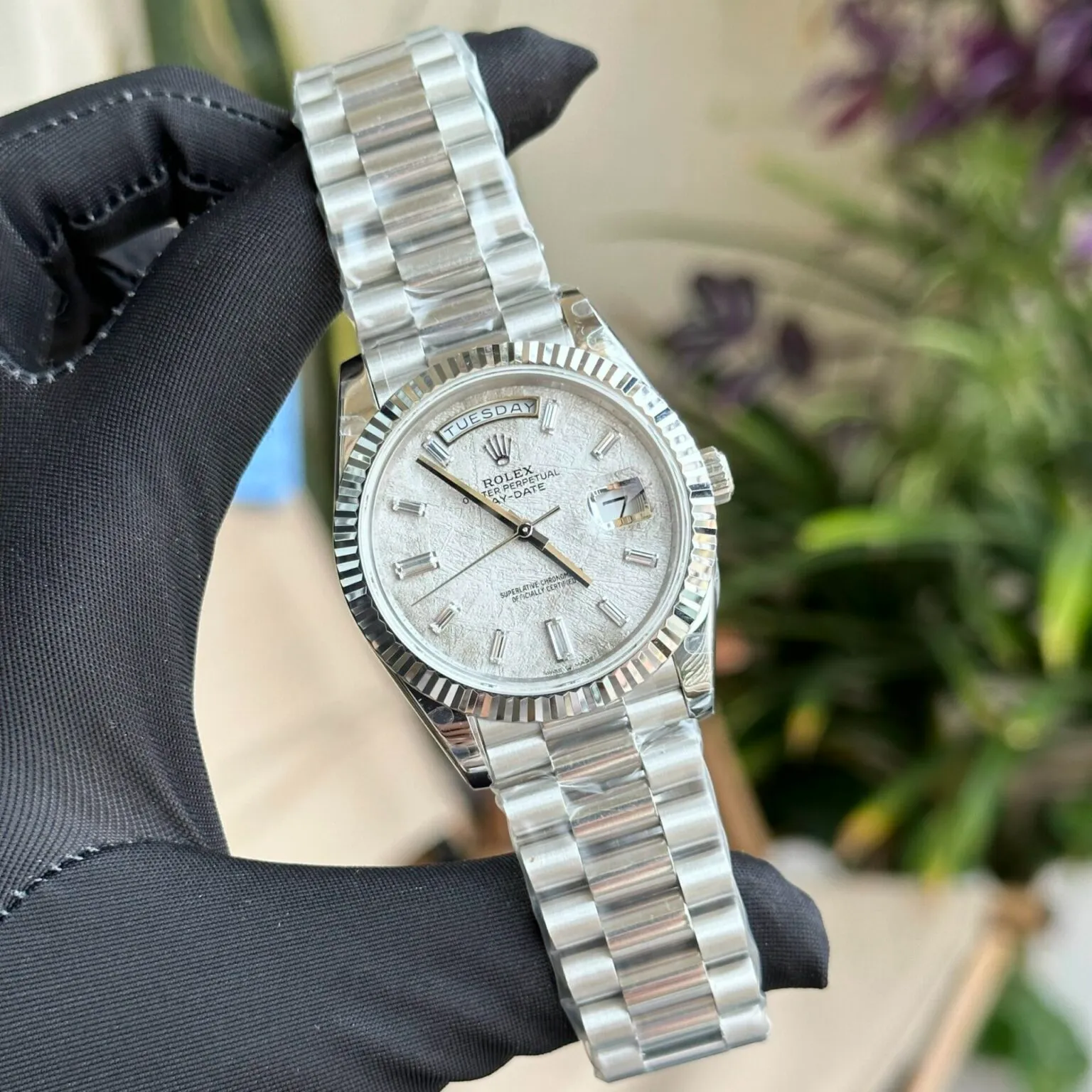 Day-Date Meteorit-Zifferblatt Geriffelt Lünette Presidential Armband