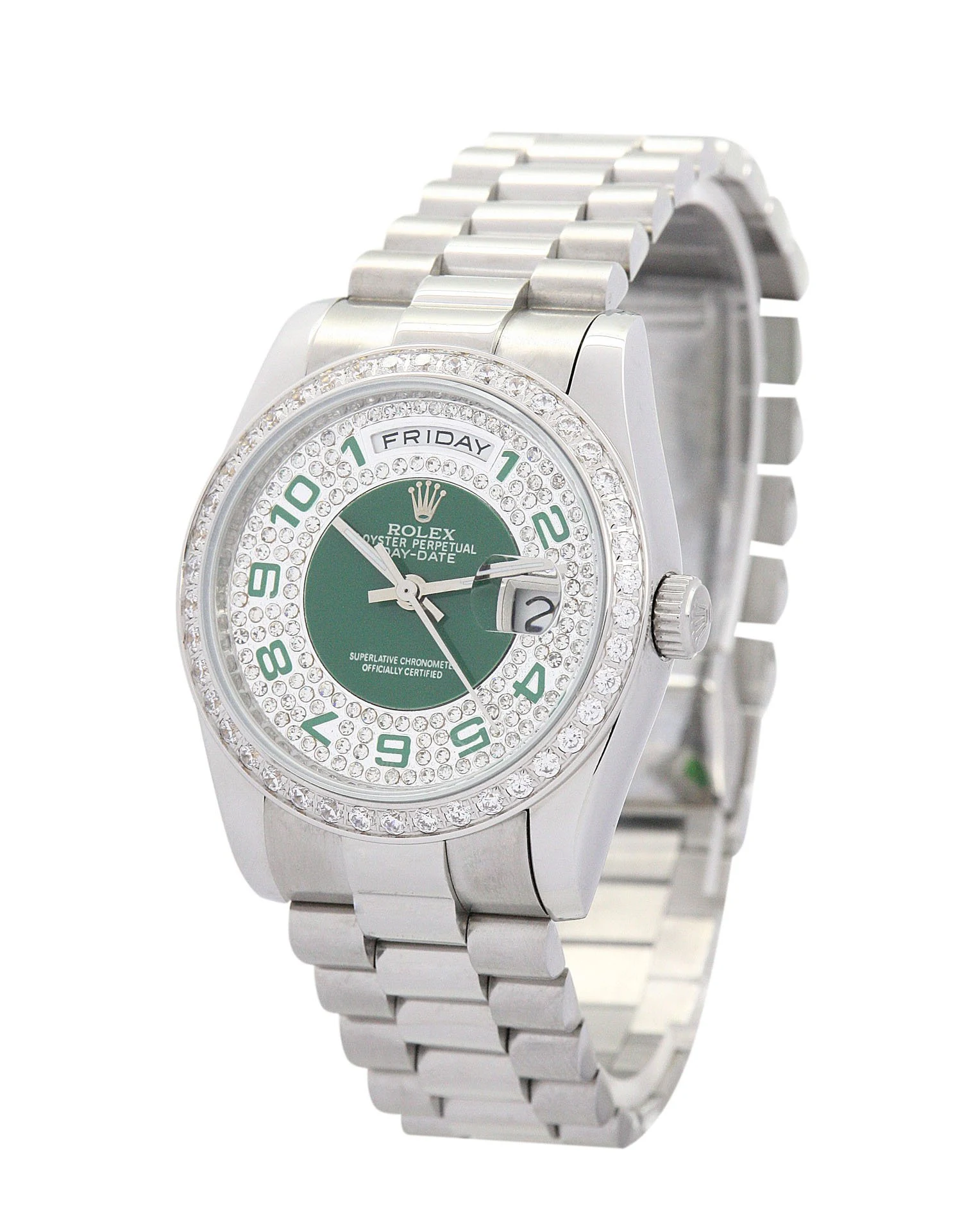 Day-Date Grün und Silber mit Diamonds Zifferblatt 118346 Perspektivansicht
