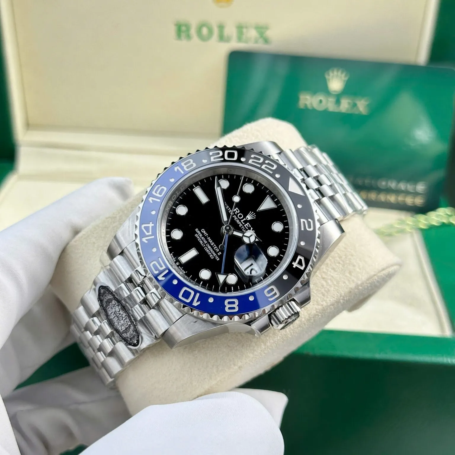 GMT Master II Batgirl schwarzes Zifferblatt Blau und Schwarz Lünette Jubilee Armband