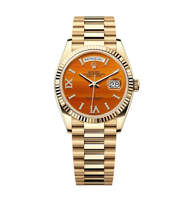Rolex Day-Date Karneol Zifferblatt mit Diamantbesatz 128238-0088 36 mm – Superclone