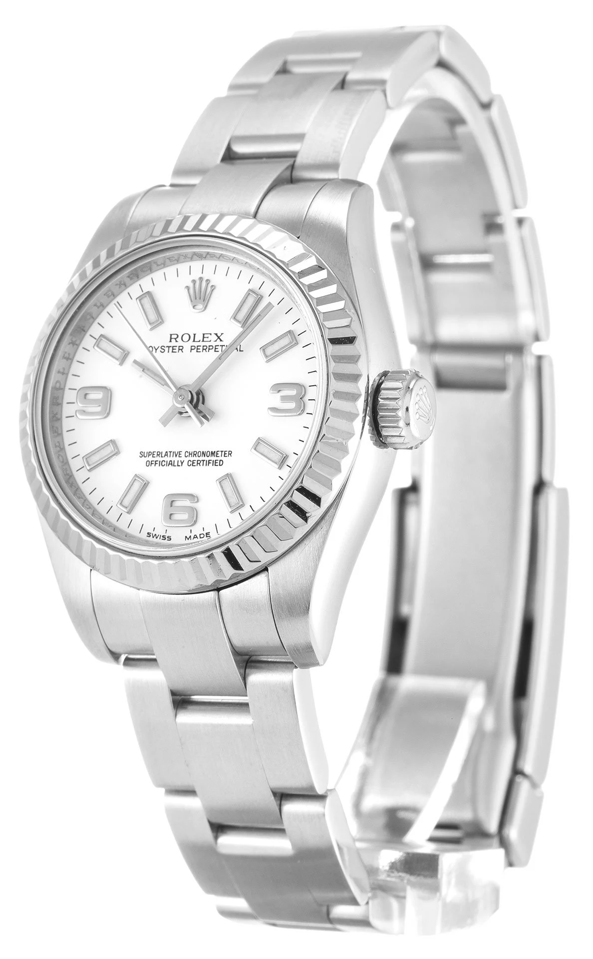 Oyster Perpetual Lady weißes Zifferblatt 176234 Perspektivansicht